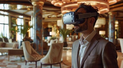 A man in a suit is immersed in virtual reality as he wears a headset, experiencing a digital environment.