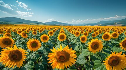 A vast sunflower field stretching towards the horizon, with rows of vibrant yellow blooms under a clear blue sky. List of Art Media Photograph inspired by Spring magazine