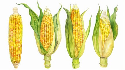 A set of watercolor renderings of corn, sweet and organic, fresh off the cob, Clipart isolated minimal with white background