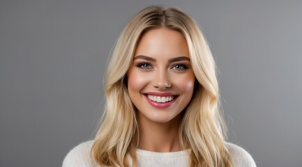Naklejka premium Beautiful attractive blonde woman model close smilling, with white teeth stand out, for dental picture