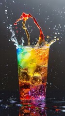 Colorful drink with a splash of liquid in it, sugary drinks food product
