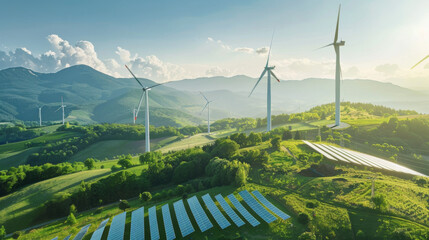 A field of wind turbines is seen in the distance