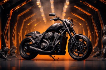 Sleek, modern motorcycle parked in a dramatic, illuminated sci-fi corridor