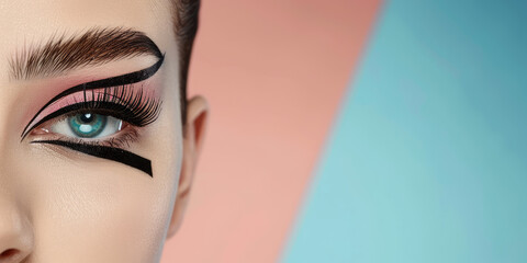 Makeup aesthetic, perfect black eye liner, false eyelashes, straight arrows on the eyelids, minimalist make-up on colored background