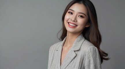 Obraz premium Beautiful attractive asian woman model close smilling, with white teeth stand out, for dental picture
