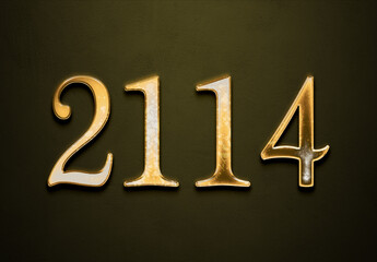 Old gold effect of 2114 number with 3D glossy style Mockup.