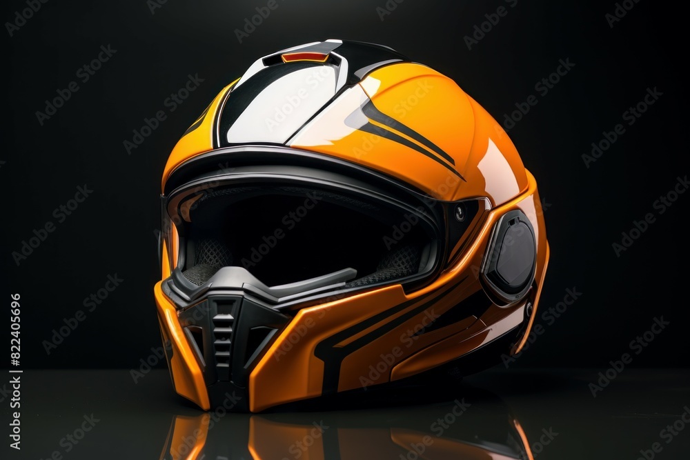 Wall mural modern motorcycle helmet with vibrant orange and black design on a reflective surface