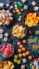 Many different types of candies , sugary food background 