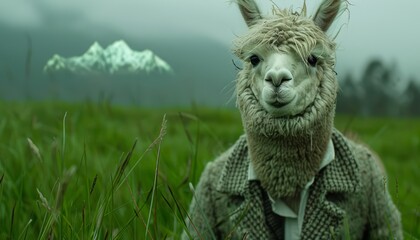 Amazing closeup charismatic of an alpaca wearing a classic tweed blazer