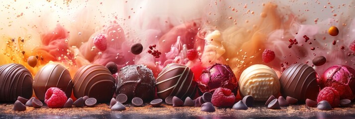 Assorted chocolates with berries and splashes