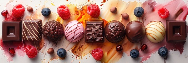 Assorted chocolates with fruit and creative splashes