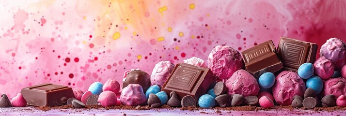 Colorful chocolates and splashes on a pink hue