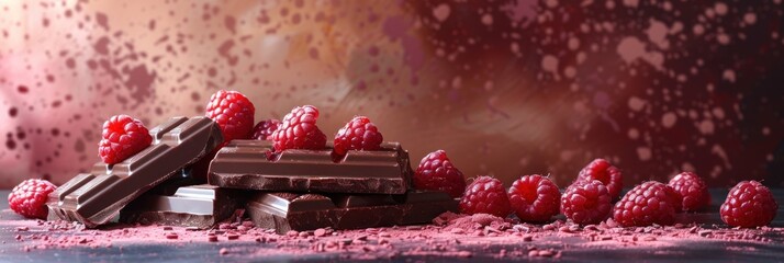 Chocolate bars and raspberries splattered