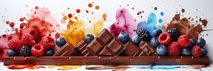 Colorful splashes behind chocolate and fruit