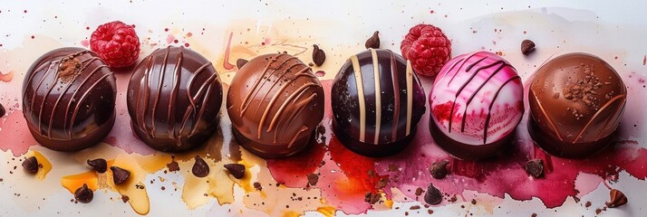 Assorted chocolate pralines with paint splashes