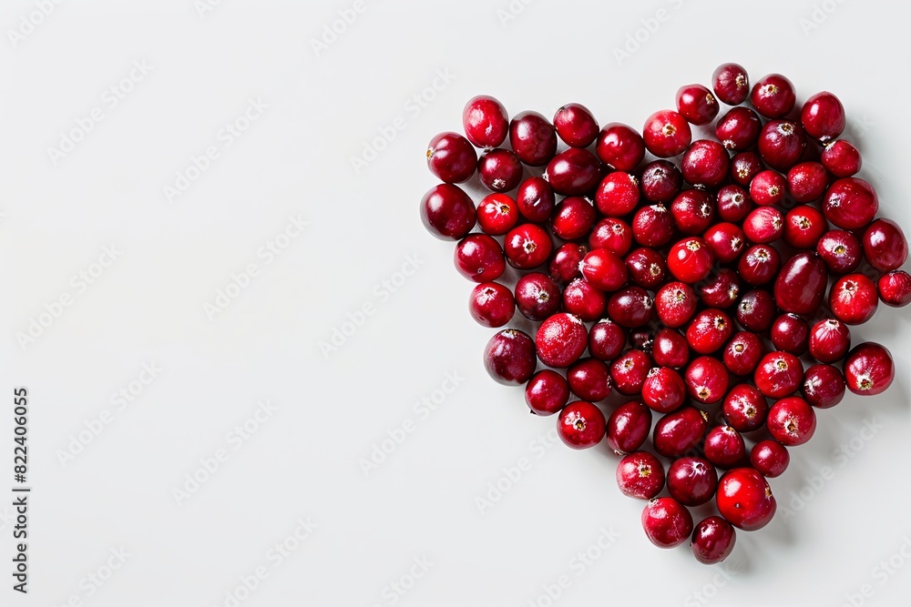 Sticker Cranberry Heart An artistic flat lay image of a heart made from fresh cranberries, positioned on the right side of a white background.