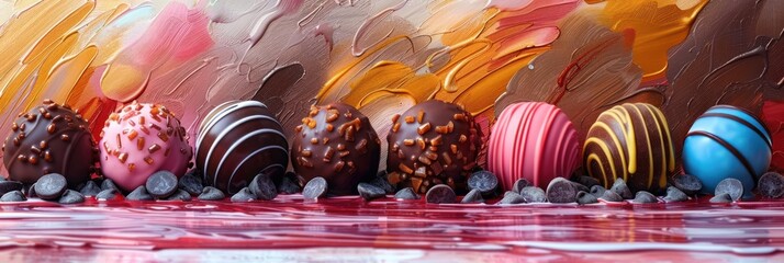 Colorful chocolate treats on a glossy red surface