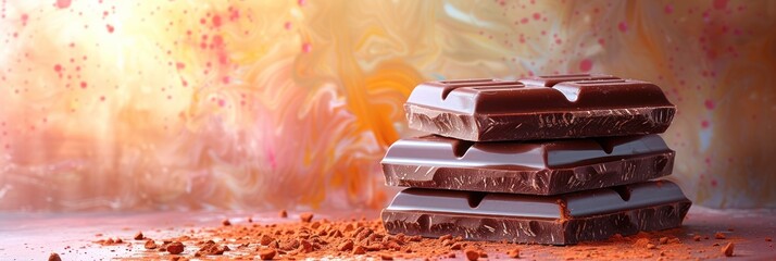 Stack of chocolate bars with colorful backdrop
