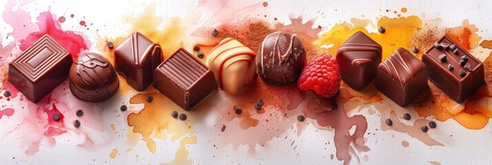 Assortment of chocolate sweets with splatter