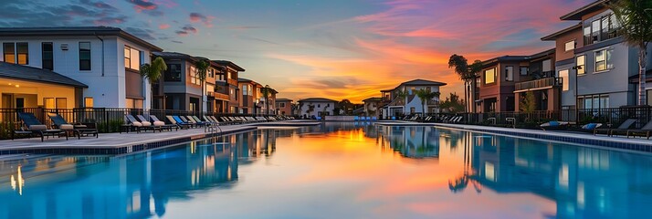 Community pool, A shimmering pool reflects the vibrant colors of the sunset, with modern houses framing the scene