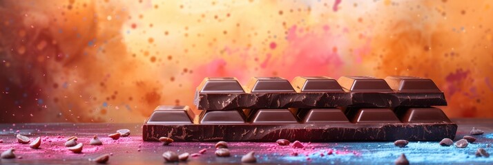 Dark chocolate bars on colorful backdrop