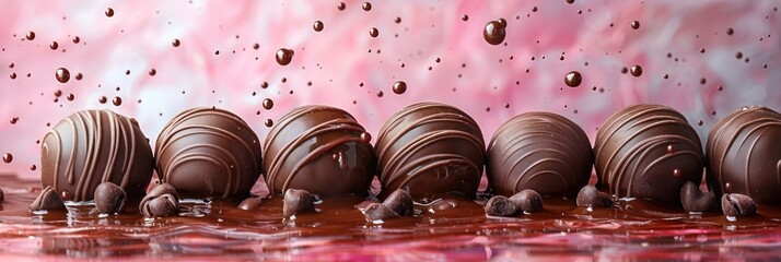 Chocolates with cocoa splash on pink background