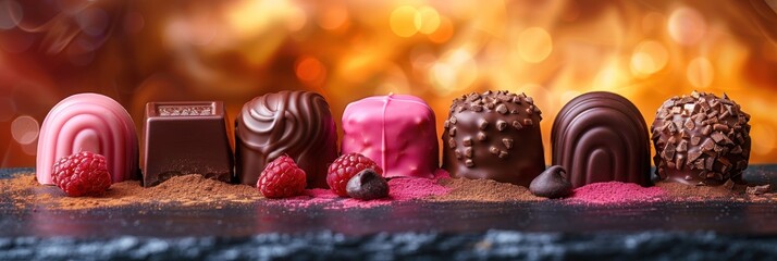 Assorted chocolates on a fiery textured backdrop