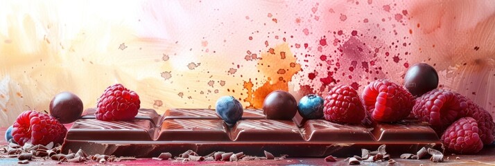 Chocolate with berries on a bright watercolor