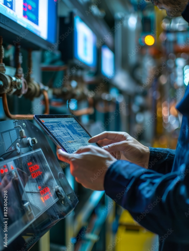 Poster a close - up shot of an engineer using a tablet to check and analyze the data systems of the industr