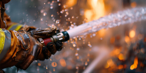 Close-up of a firefighter hands holding a hose with water coming out, extinguishing a fire. The hands are strong gripping the hose tightly. Water is spraying forcefully from the hose. Generative AI.