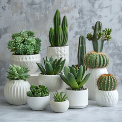 various cactus and succulent plants in different white pots