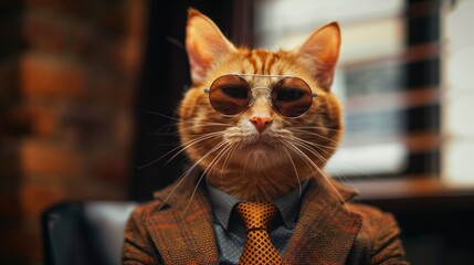 A cat wearing sunglasses and a suit with a tie. Generative AI image.