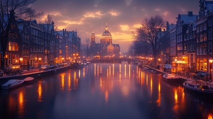 Fototapeta premium Canals of Amsterdam during twilight in Netherlands. Amsterdam is the capital and most populous city of the Netherlands.