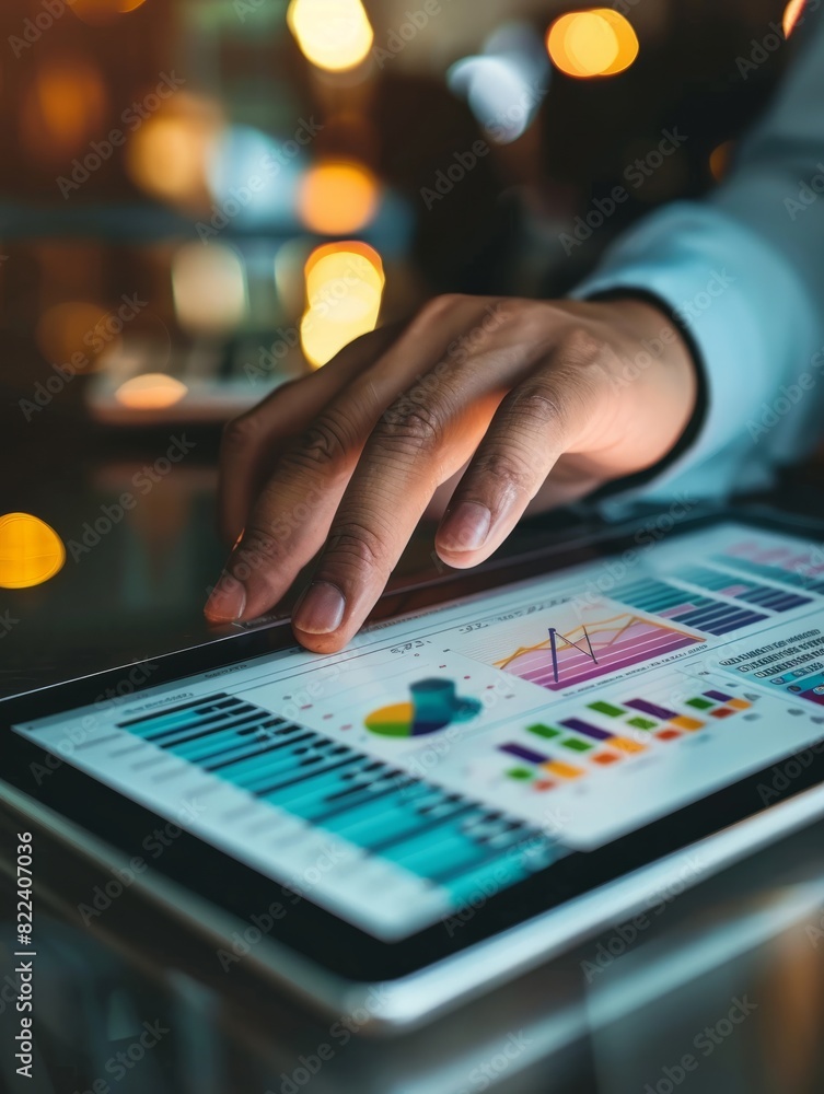 Poster a person's hands interact with a tablet displaying financial graphs, indicating a professional setti