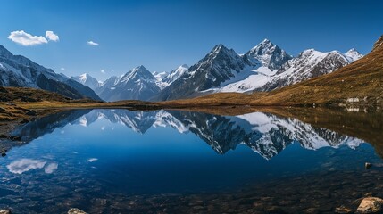 A serene alpine lake nestled among snow-capped peaks, with mirror-like waters reflecting the surrounding mountains and clear blue sky, creating a picture-perfect mountain vista. 