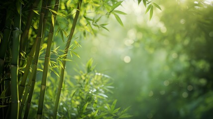 A serene bamboo grove bathed in the soft light of early morning, slender stalks swaying gently in the breeze beneath a canopy of lush green leaves. 32k, full ultra HD, high resolution