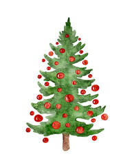 Hand drawn watercolor Christmas tree decorated with red balls.