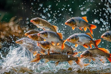 crucian carp, river fish, Wujiang fish, leaping out of the water, in a clean and beautiful fish pond, master photography,