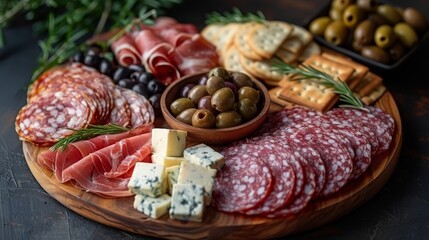 A wooden board featuring cured meats, olives, cheeses. AI generate illustration