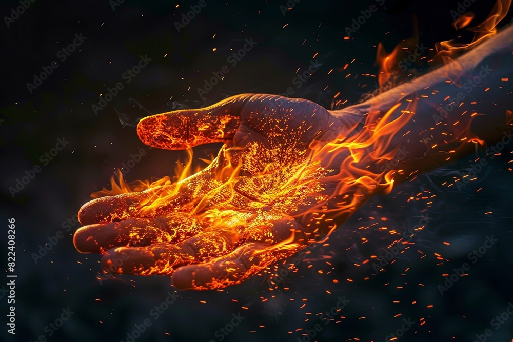 Poster The shape of a hand made of flames, side angle, open flame palm, sense of impact