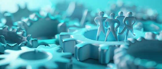 Closeup of a business illustration of teamwork in 3D styles, evolving into a collaborative project management scene with a sharpen banner with copy space