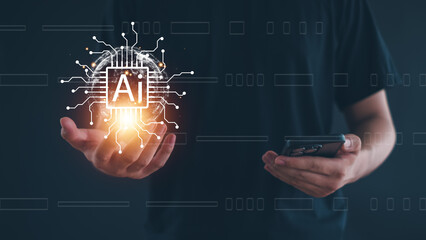 Ai technology,  man using technology smartphone, artificial intelligence by enter command prompt...