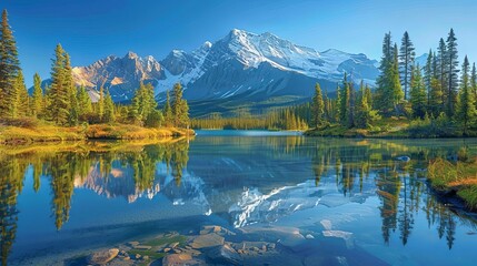 A serene lake surrounded by snow-capped peaks. AI generate illustration