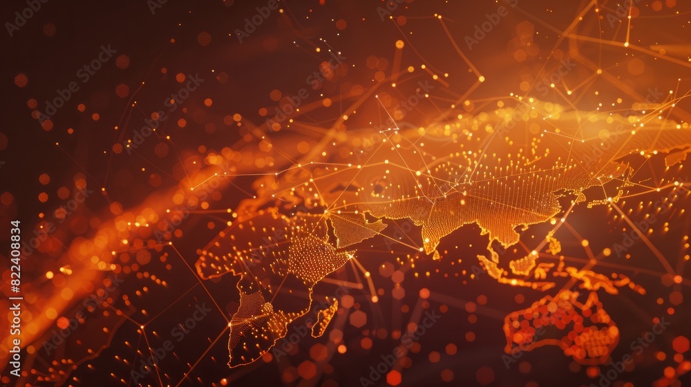 Aufkleber abstract orange mesh lines and dots over world map