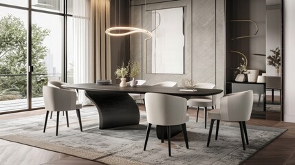 a dining room with black steel table soft tone curved back chairs swirling light . generative ai