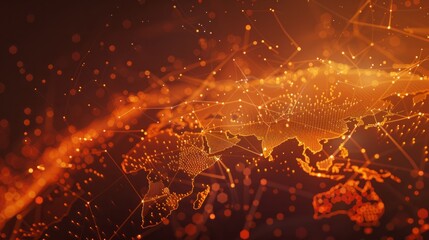 Abstract orange mesh lines and dots over world map