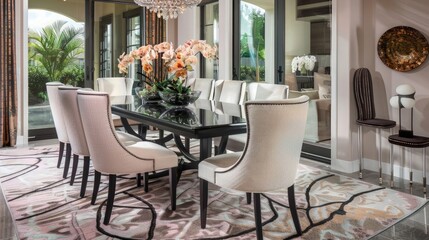 a dining room with black steel table soft tone curved back chairs swirling light . generative ai