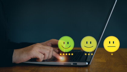 Customer review satisfaction feedback survey concept. User give rating to service excellent...
