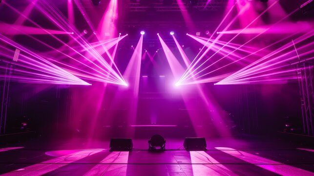 Stage with dramatic lighting, characterized by purple and pink hues with multiple beams and spotlights