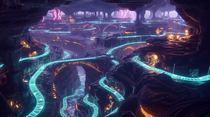 A subterranean cityscape carved by AI-powered tunneling machines, with glowing pathways winding through the underground labyrinth. 32k, full ultra HD, high resolution